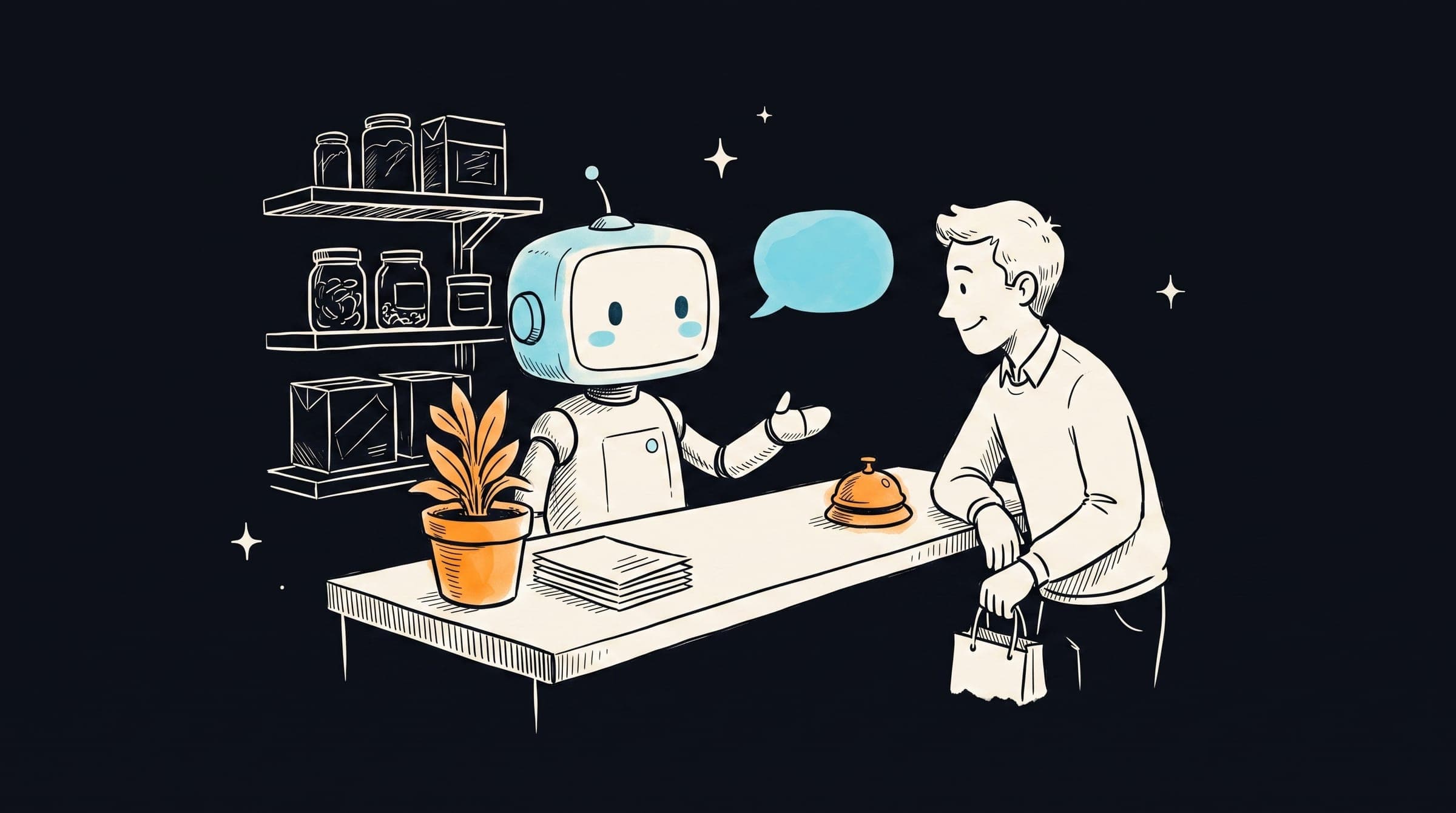 Ink sketch of a friendly robot helping a customer at a small shop counter