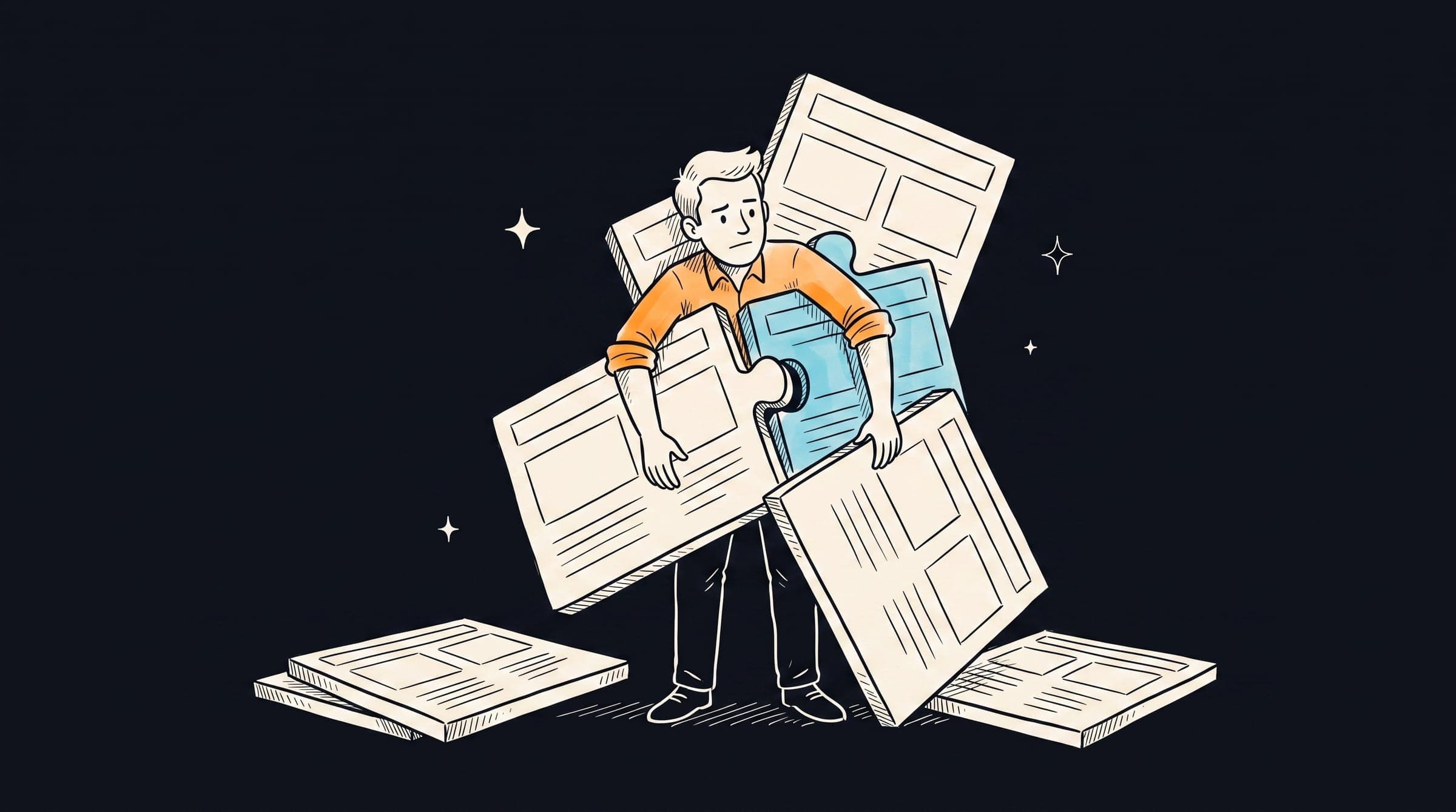 Ink sketch of a business owner tangled in oversized, identical website-template puzzle pieces