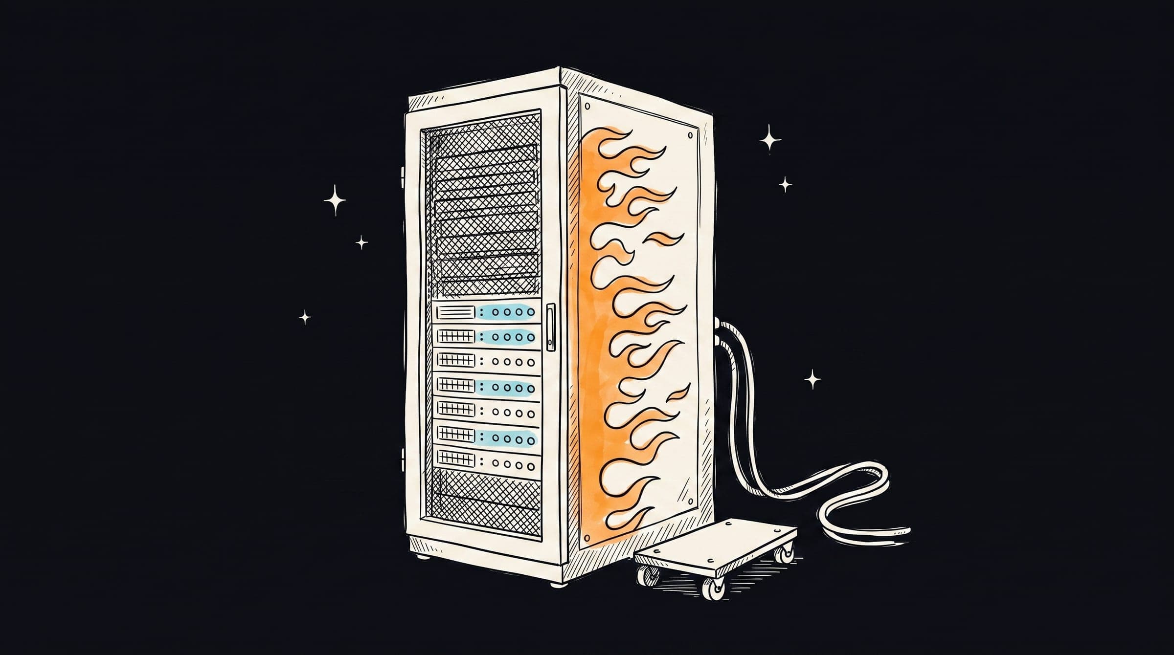 Ink sketch of a server rack cabinet with hot-rod racing flames painted along its side panel