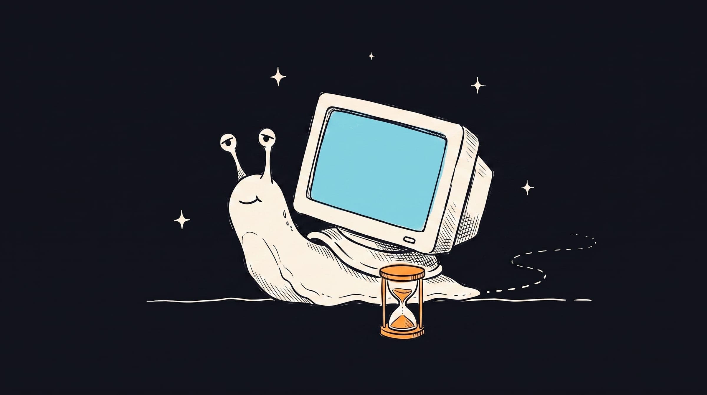 Ink sketch of a snail carrying a computer monitor as its shell, inching along past an hourglass