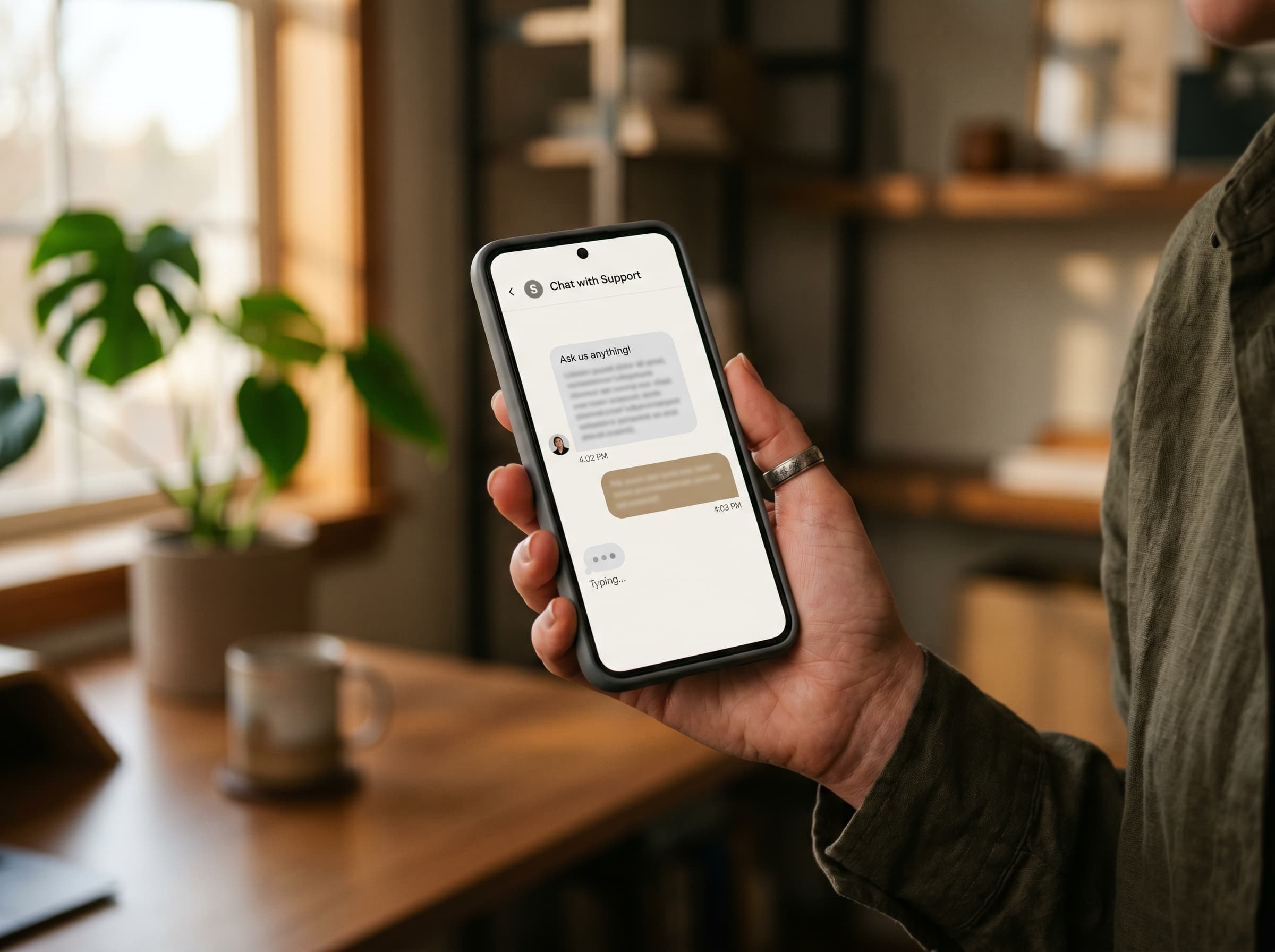 A hand holding a phone showing a friendly chatbot conversation