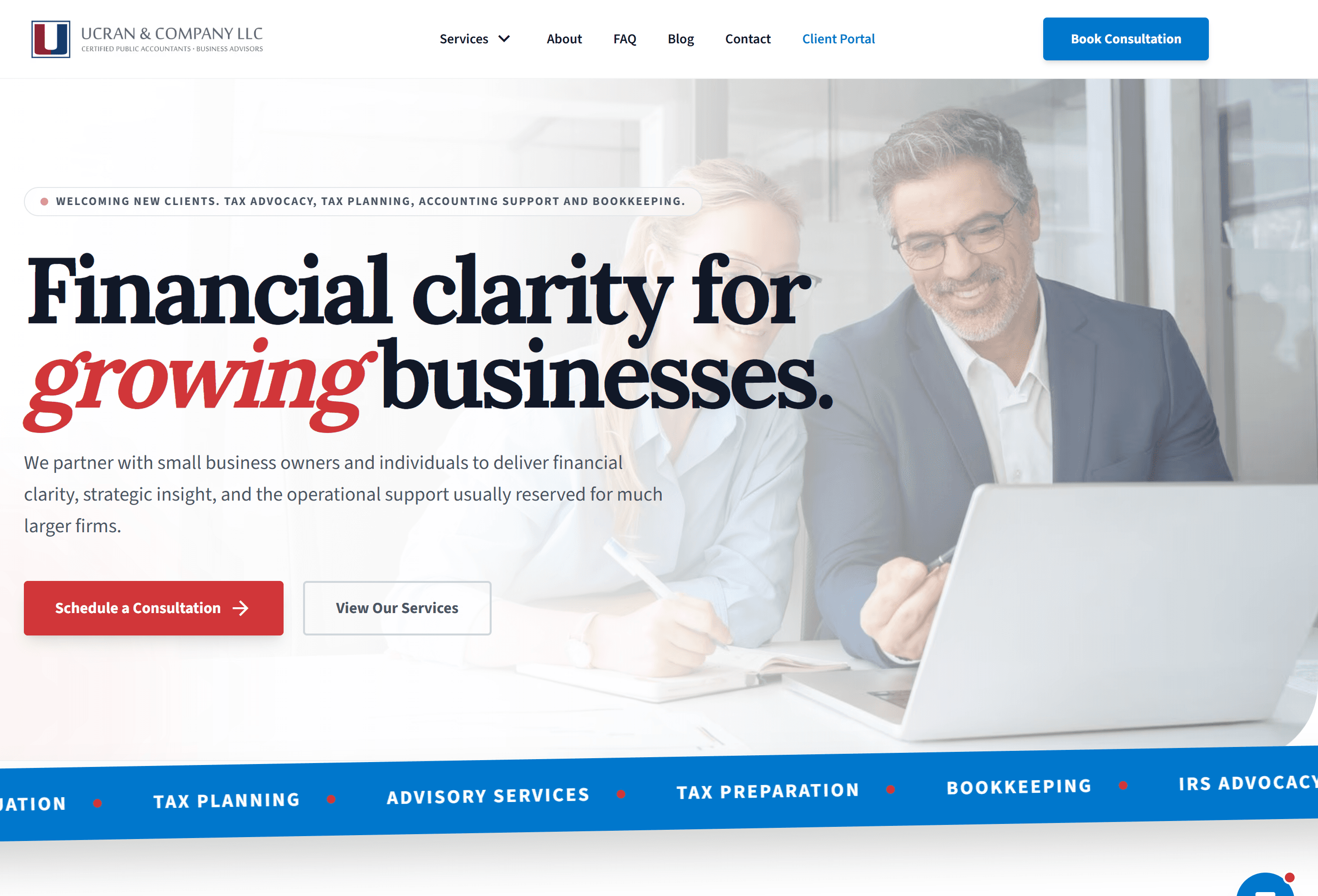 The UCRAN & Company website, headlined 'Financial clarity for growing businesses'