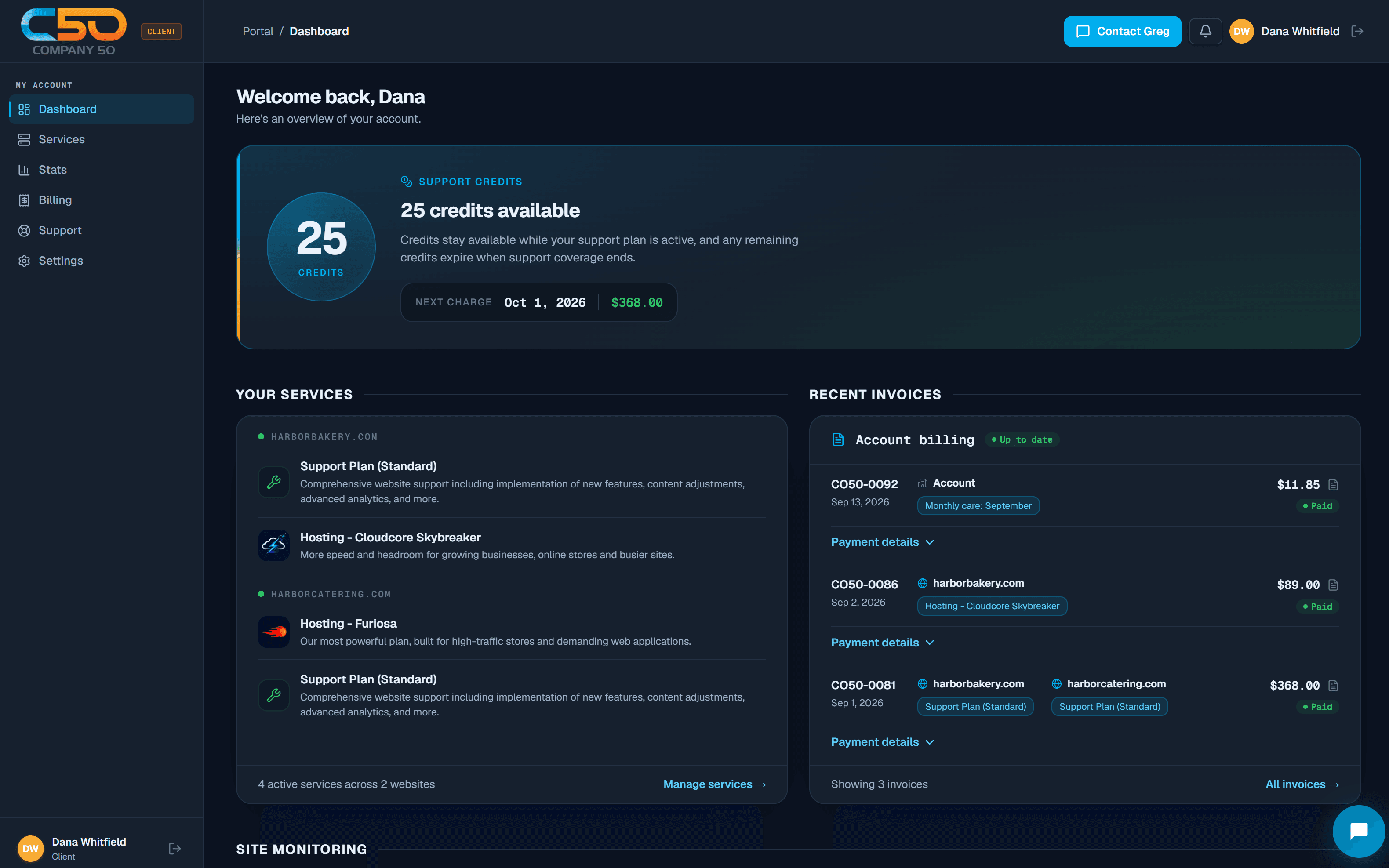 The Company 50 client portal dashboard as a client sees it: support credits and the next charge, services for each website, and recent paid invoices (sample account)