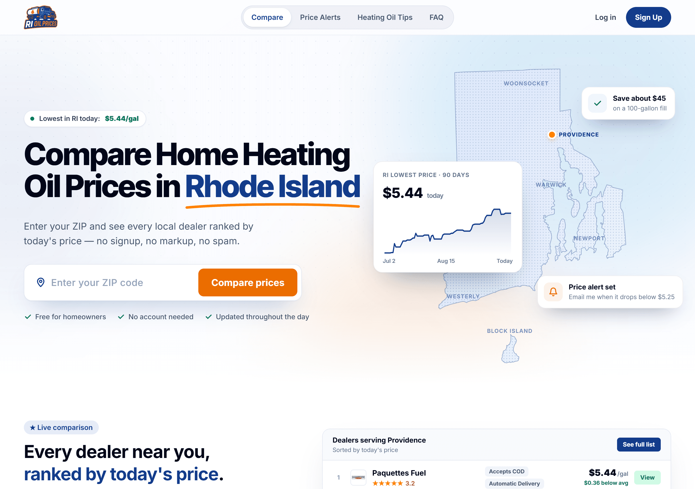 RI Oil Prices homepage: today's lowest Rhode Island heating oil price of $5.44 a gallon, a ZIP code search and a 90-day price chart over a map of the state