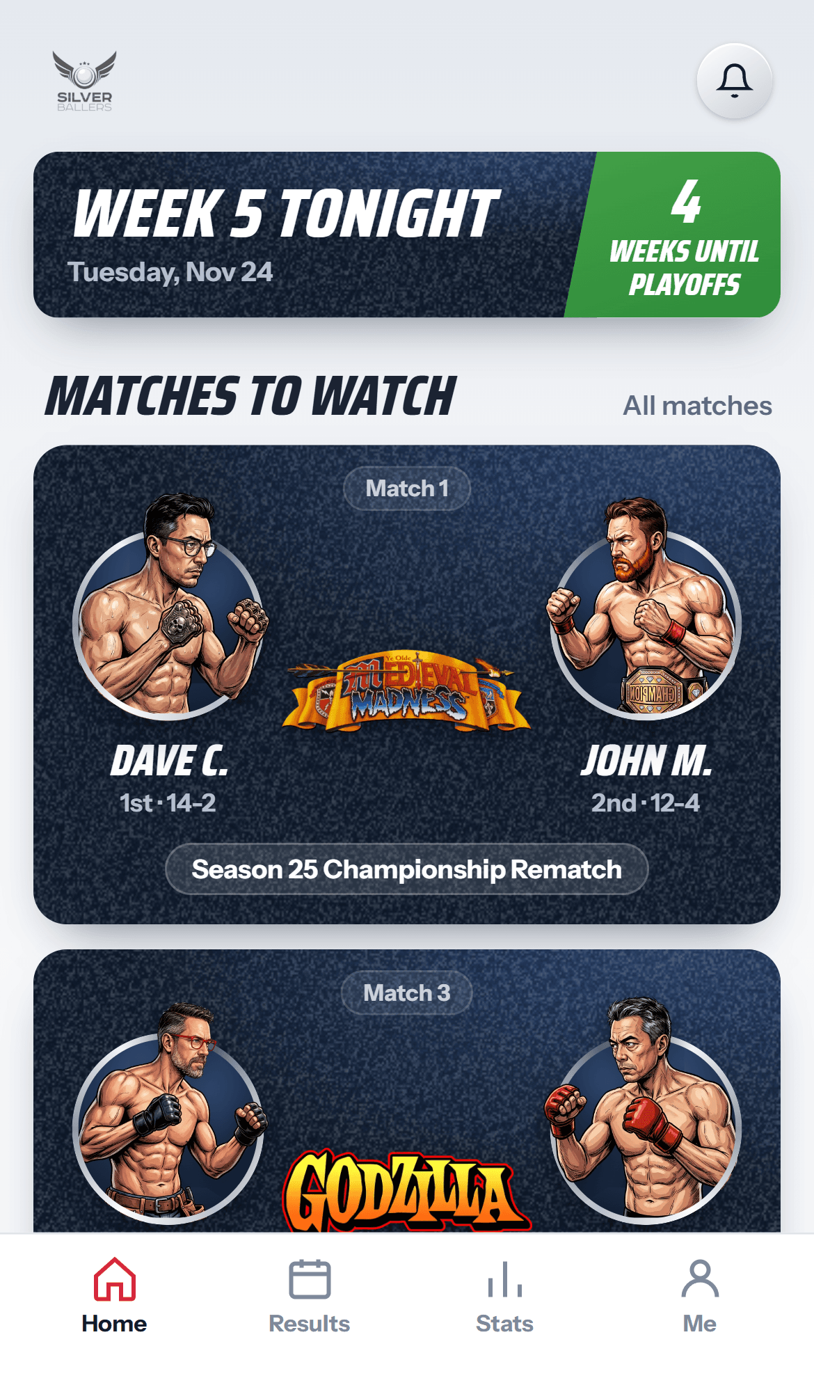 The Silverballers home screen on league night: Week 5 tonight, four weeks until the playoffs, and Matches to Watch cards pairing each player's cartoon fighter portrait with the pinball machine they'll play