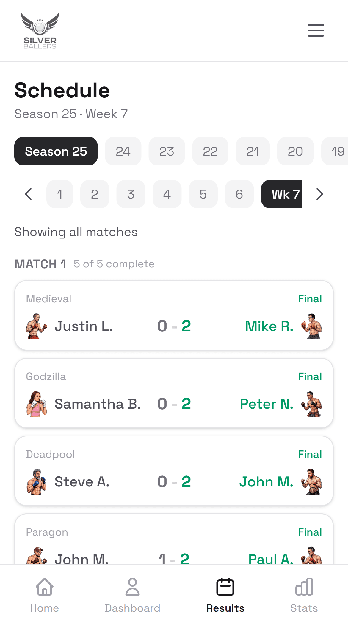 Silverballers week 7 results, each match with the players' cartoon fighter avatars and the final score