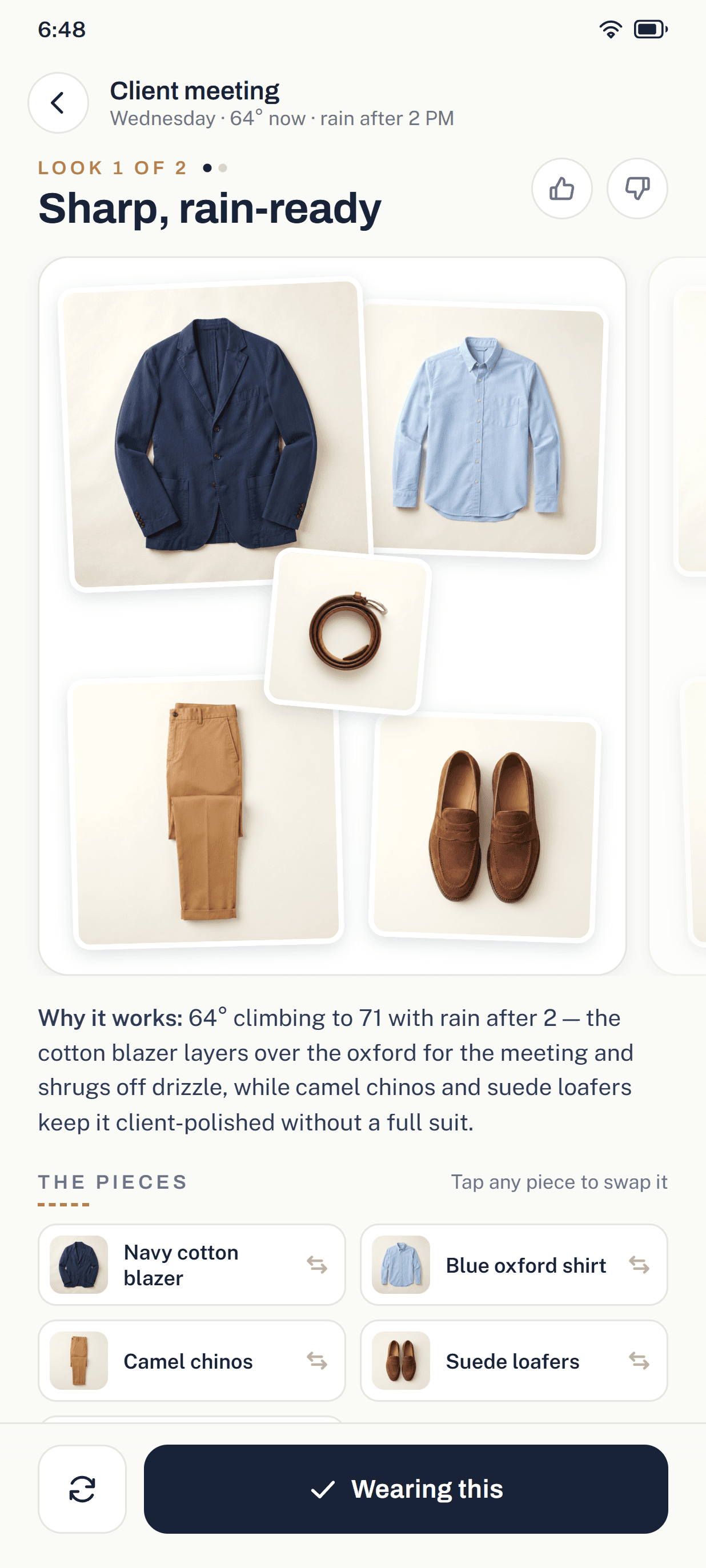 Styler & Profiler suggesting a rain-ready client-meeting outfit built from photos of clothes the owner already has