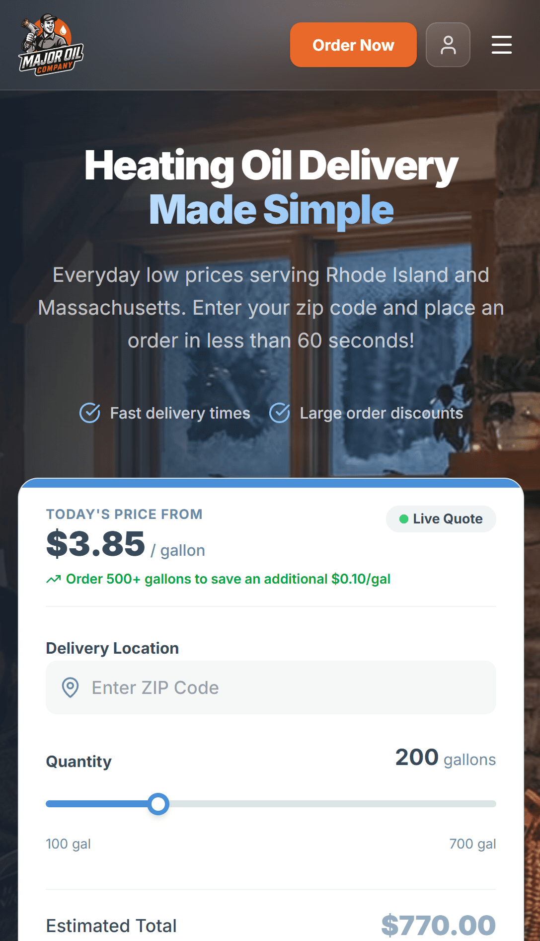 Major Oil mobile ordering flow on a phone