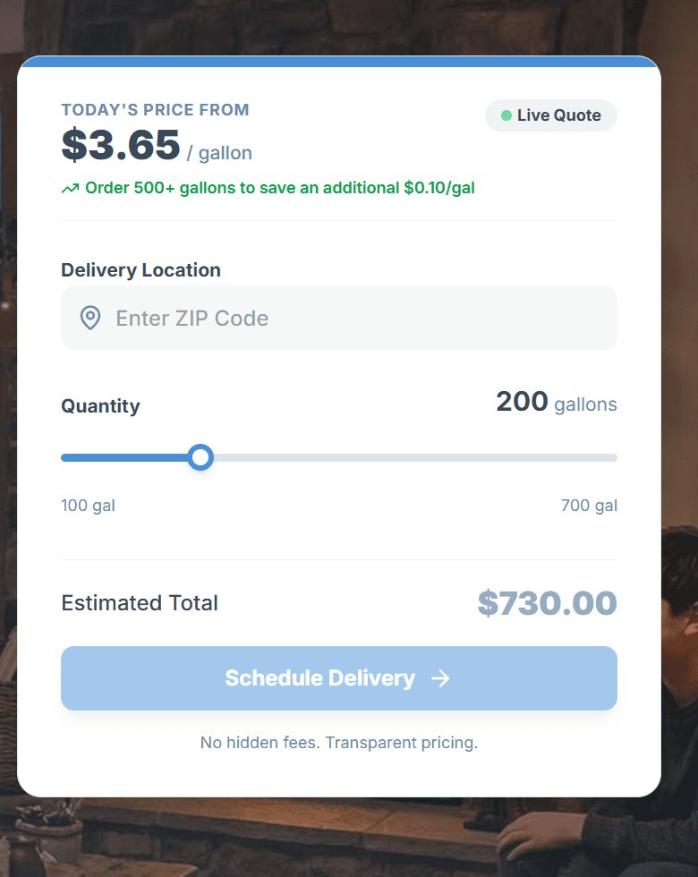 Major Oil's live pricing box: today's price per gallon, ZIP code, a gallons slider and the estimated total