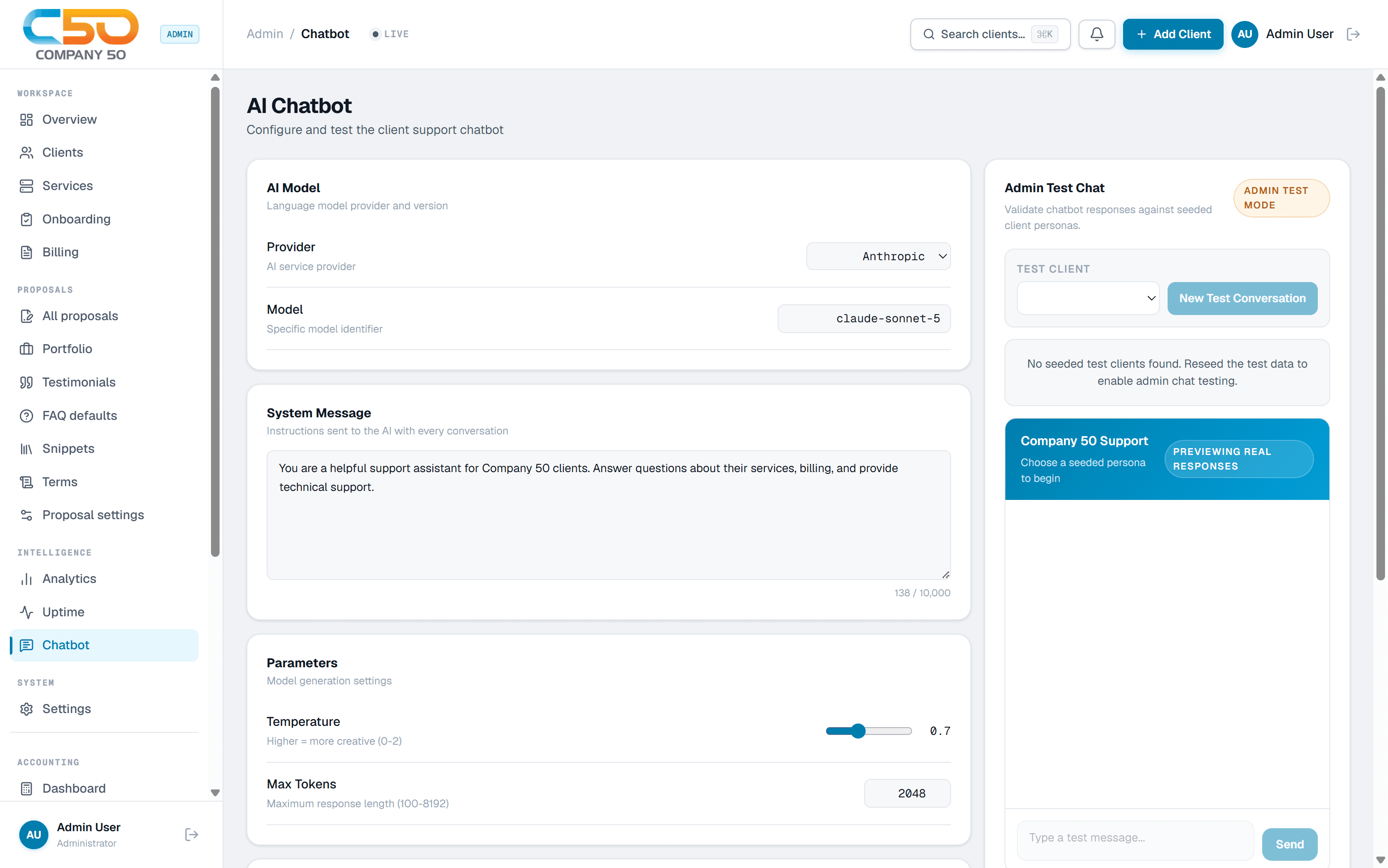 The portal's AI chatbot configuration screen