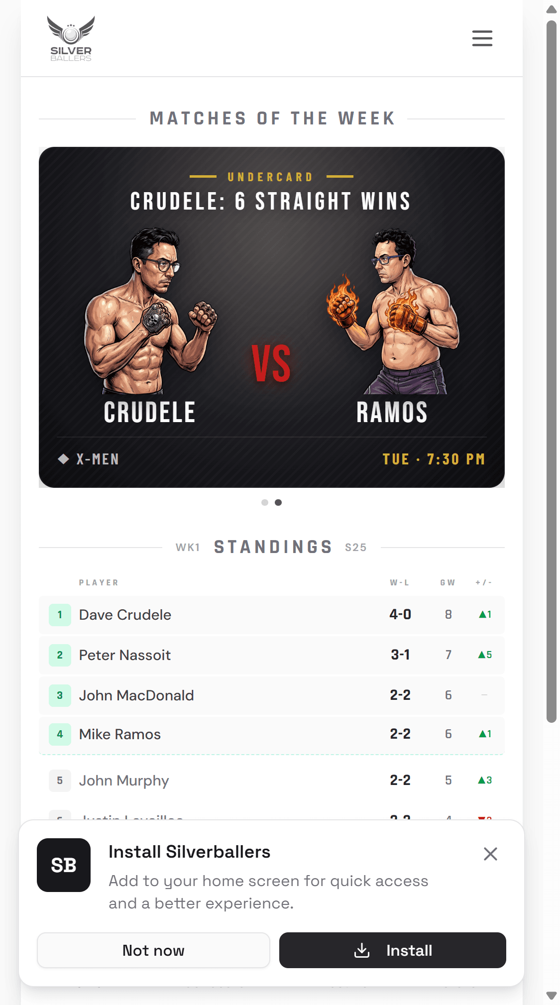 The Silverballers pinball league app showing a match-night fight poster